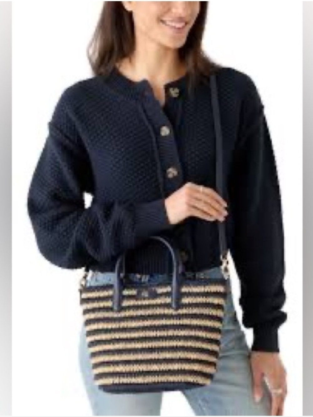 Lauren Ralph Lauren Brie Medium Striped Top Handle Tote Bag Navy And Natural - Picture 6 of 6